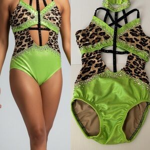 Glamour solo dance costume strappy animal print neon green bedazzled LC child